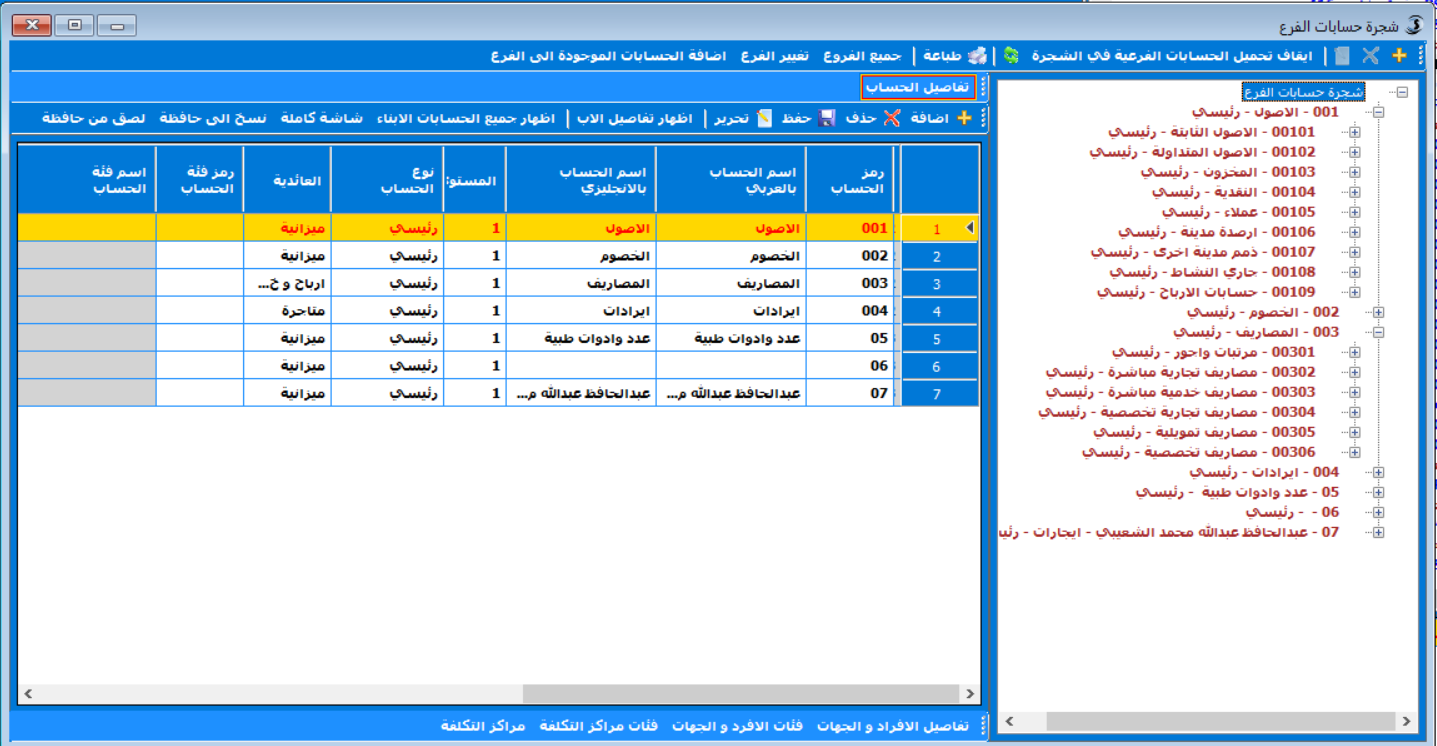 شاشة الحسابات الرئيسية
